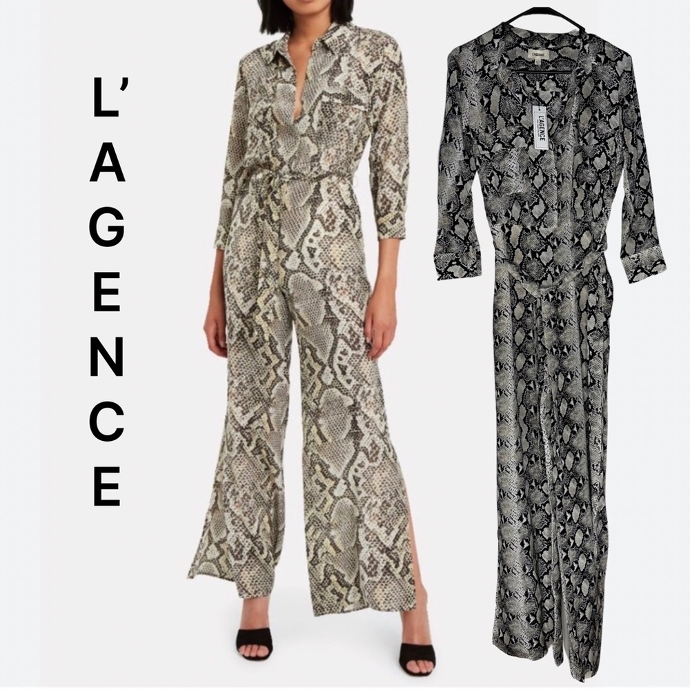 NEW L’AGENCE 100% Silk Teddy Snake Print Designer Jumpsuit Side Split Legs NWT